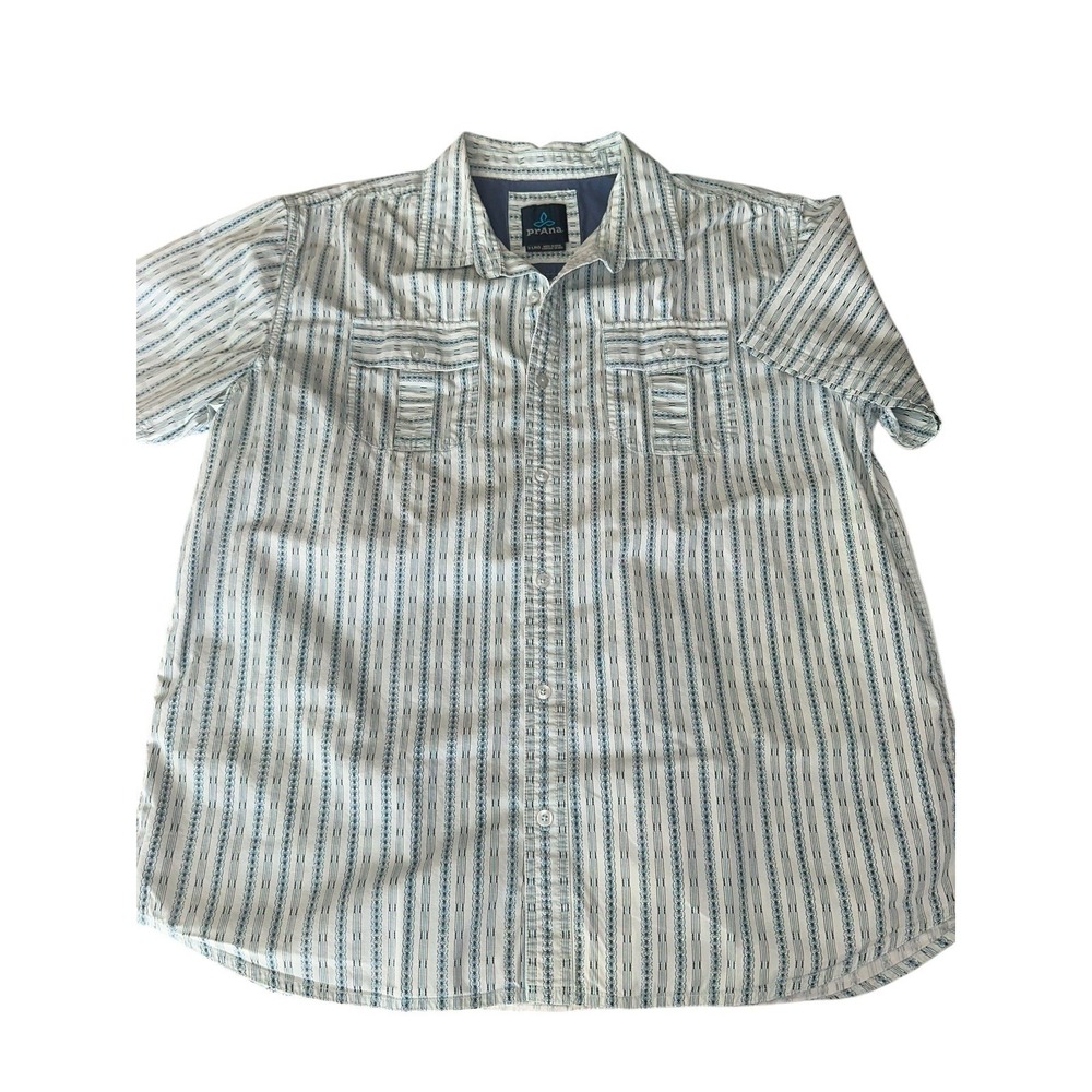 PRANA Torres Camp Shirt XL Dusty Blue Print 100% Organic Cotton Button Poplin